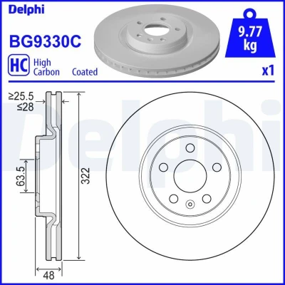 Billede af DELPHI BG9330C Bremseskiver 322 28 5 ventileret coatet højkarboniseret uden hjullejer, ABS sensorring VOLVO: V90 II Stationcar, V60 II, XC60