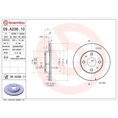 Billede af BREMBO COATED DISC LINE 09.A236.11 Bremseskiver 234 16 4 indvendigt ventileret coatet SUBARU: JUSTY 4, DAIHATSU: Sirion II