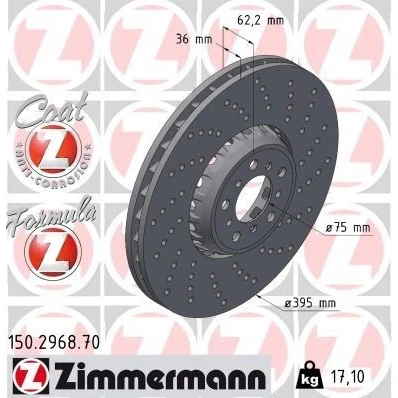 Billede af ZIMMERMANN bremseskive BMW: X5 395mm 36mm 10/5 5 hul 112mm ventileret, hullet, todelt 150.2968.70 Bremseskiver, Skivebremser