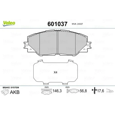 Billede af VALEO 601037 Bremseklodser foraksel Ekskl. slidadvarselskontakt med anti knirke plade TOYOTA: Auris Stationcar, Hatchback, RAV4 IV SUV