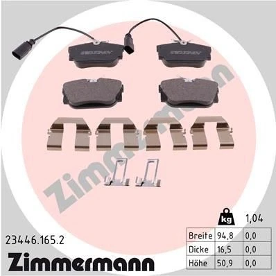 Billede af ZIMMERMANN 23446.165.2 Bremseklodser Inkl. slidadvarselskontakt Billede svarer til leveringsomfang, med fjeder VOLKSWAGEN: TRANSPORTER 4 Bus