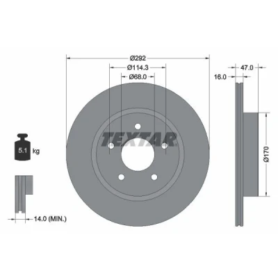 Billede af TEXTAR PRO 92278103 Bremseskiver 292 16 05/05 114,3 indvendigt ventileret coatet uden hjulbolte, hjulnav NISSAN: X Trail, Leaf II