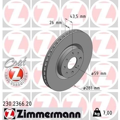 Billede af ZIMMERMANN Bremseskive ALFA ROMEO: MiTo, FIAT: BRAVO 2, Stilo Hatchback COAT Z 26mm 8/4 4 hul 98mm indvendigt ventileret coatet 230.2366.20 46535086