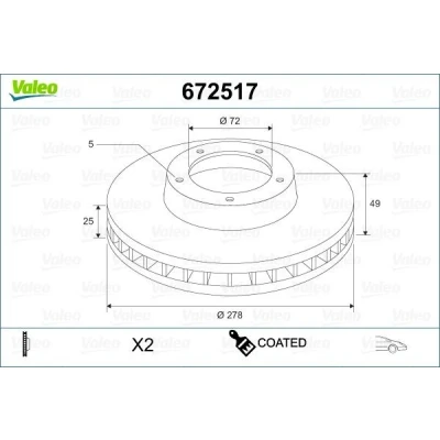 Billede af VALEO 672517 Bremseskiver foraksel 278 25 5 ventileret coatet MAZDA: 5, 3 Hatchback, Sedan