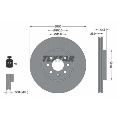 Billede af TEXTAR PRO 92129303 Bremseskiver 280 25 04/07 100 indvendigt ventileret coatet uden hjulbolte, hjulnav OPEL: Astra H Caravan, Hatchback