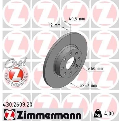 Billede af ZIMMERMANN COAT Z 430.2609.20 Bremseskiver 257 12 8/4 4 100 fuldstændigt coatet OPEL: Corsa D Hatchback, FIAT: Grande Punto Hatchback
