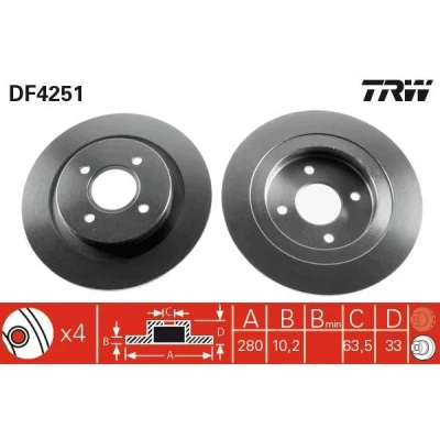 Billede af TRW DF4251 Bremseskiver 280 10,2 4 108 fuldstændigt lakeret FORD: Focus Mk1 Hatchback, Stationcar
