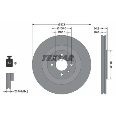 Billede af TEXTAR PRO 92267103 Bremseskiver 323 28 04/06 108 indvendigt ventileret coatet uden hjulbolte, hjulnav PEUGEOT: 208 I Hatchback