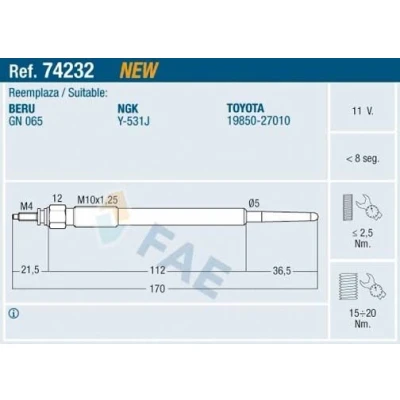 Billede af FAE 74232 Gløderør 11V M 10x1,25 TOYOTA: Land Cruiser Prado 90, Avensis Verso, II Sedan