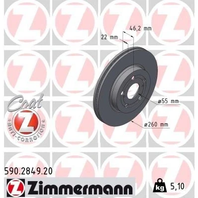 Billede af ZIMMERMANN 590.2849.20 Bremseskiver 260 22 7/5 5 100 indvendigt ventileret coatet