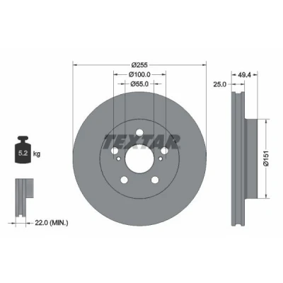 Billede af TEXTAR 92301703 Bremseskiver 255 25 05/07 100 indvendigt ventileret coatet uden hjulbolte, hjulnav TOYOTA: Prius PHV Hatchback, IV Liftback