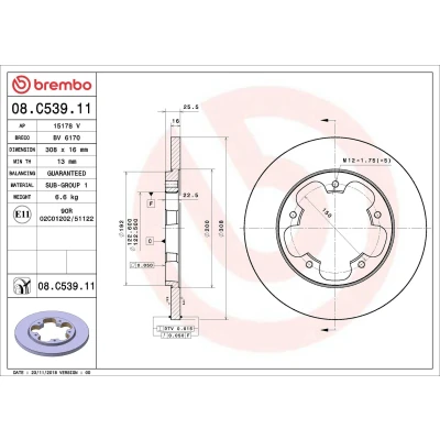 Billede af BREMBO 08.C539.11 Bremseskiver 308 16 5 fuldstændigt coatet FORD: Transit Mk6 Bus, V363 Ladvogn / Chassis
