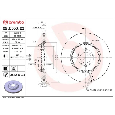 Billede af BREMBO 09.D550.23 Bremseskiver 363 33 5 indvendigt ventileret, todelt bremseskive coatet højkarboniseret