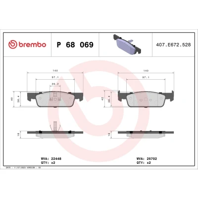 Billede af BREMBO P 68 069 Bremseklodser Ekskl. slidadvarselskontakt uden tilbehør DACIA: LOGAN 2