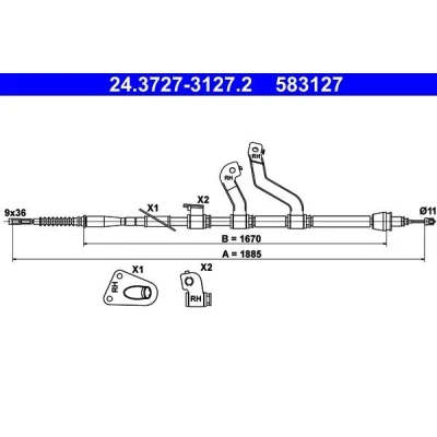 Billede af ATE 24.3727 3127.2 Håndbremsekabel 1885 HYUNDAI: i30 II Hatchback, Stationcar