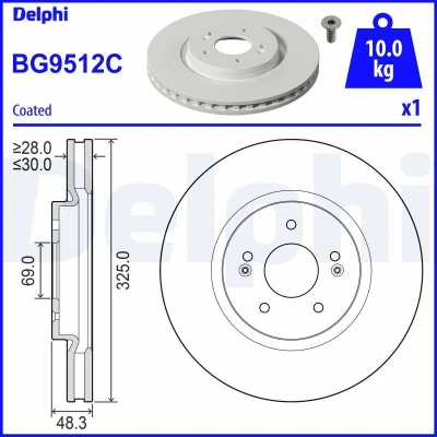 Billede af DELPHI BG9512C Bremseskiver 325 30 5 ventileret coatet ubehandlet uden hjullejer, ABS sensorring