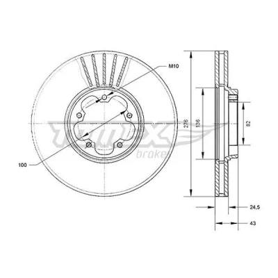 Billede af TOMEX brakes Bremseskive foraksel 24,5mm 5 100mm ventileret lakeret TX 70 75 1456667,1473008,1520371,1568654,1738807,1C1J1125A1D,1C1J1125A2D,4041427
