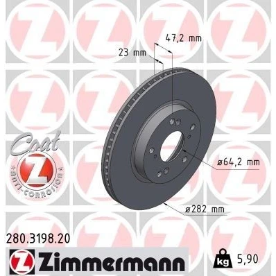 Billede af ZIMMERMANN 280.3198.20 Bremseskiver 282 23 9/5 5 114 indvendigt ventileret coatet HONDA: CIVIC 10, 10 Stufenheck