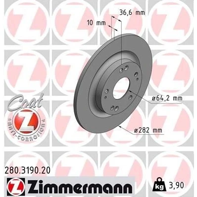 Billede af ZIMMERMANN 280.3190.20 Bremseskiver 282 10 9/5 5 114 fuldstændigt coatet HONDA: CIVIC 10, Stufenheck