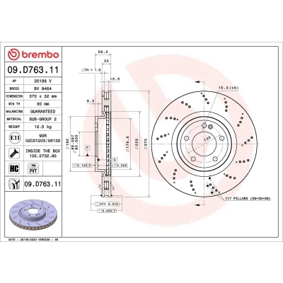 Billede af BREMBO 09.D763.11 Bremseskiver 370 32 5 indvendigt ventileret coatet højkarboniseret med skruer