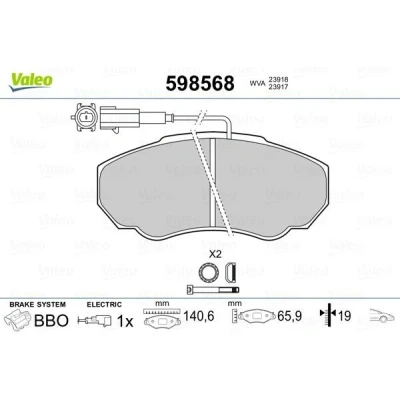 Billede af VALEO 598568 Bremseklodser foraksel Inkl. slidadvarselskontakt uden anti knirke plade med glideskinner FIAT: Ducato III Ladvogn / Chassis