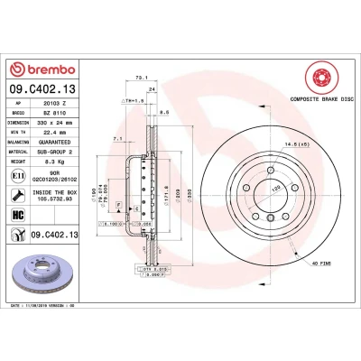 Billede af BREMBO 09.C402.13 Bremseskiver 330 24 5 indvendigt ventileret, todelt bremseskive coatet højkarboniseret med skruer BMW: Z4 Roadster