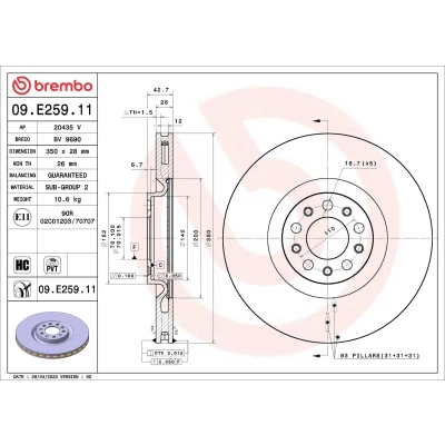 Billede af BREMBO Bremseskive 350mm 28mm 5 indvendigt ventileret coatet 09.E259.11 Bremseskiver, Skivebremser