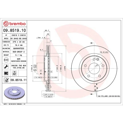 Billede af BREMBO COATED DISC LINE 09.8519.11 Bremseskiver 276 22 5 indvendigt ventileret coatet højkarboniseret med skruer MERCEDES BENZ: A klasse