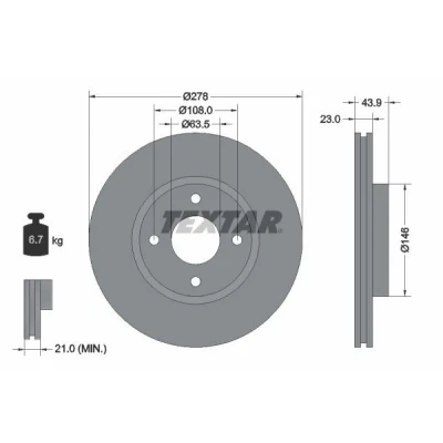 Billede af TEXTAR PRO 92252403 Bremseskiver 278 23 04/04 108 indvendigt ventileret coatet uden hjulbolte, hjulnav FORD: FIESTA 6, 6 Van