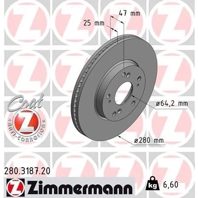 Billede af ZIMMERMANN COAT Z 280.3187.20 Bremseskiver 280 25 9/5 5 114 indvendigt ventileret coatet HONDA: CIVIC 9, 9 Tourer, 10