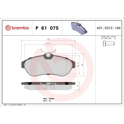 Billede af BREMBO P 61 075 Bremseklodser Ekskl. slidadvarselskontakt med bremsecaliperskruer tilbehør CITROËN: C3 I Hatchback, II, C2 Hatchback