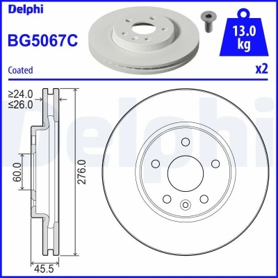 Billede af DELPHI BG5067C Bremseskiver 276 26 5 ventileret coatet ubehandlet uden hjullejer, ABS sensorring OPEL: Astra K Sports Tourer, Hatchback