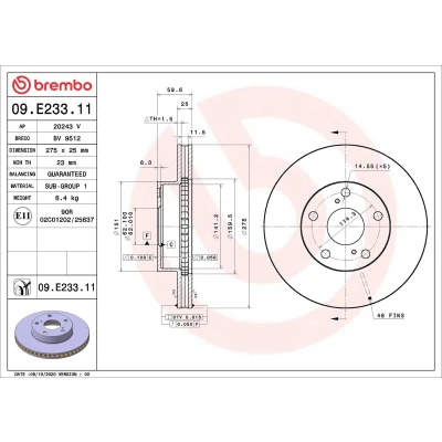 Billede af BREMBO 09.E233.11 Bremseskiver 275 25 5 indvendigt ventileret coatet