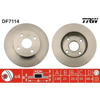 Billede af TRW DF7114 Bremseskiver 238 22 4 100 ventileret lakeret TOYOTA: Corolla VIII Compact, Liftback, VII Sedan