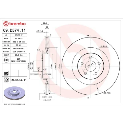 Billede af BREMBO 09.D574.11 Bremseskiver 350 25 5 indvendigt ventileret coatet højkarboniseret FORD: FOCUS 3