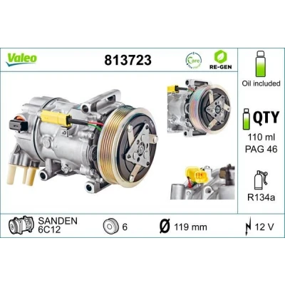 Billede af VALEO 813723 Kompressor 6C12 12 PAG 46 R 134a med kompressorolie REMANUFACTURED PEUGEOT: 207 Hatchback, 508 I SW, 308 CITROËN: C3 Picasso