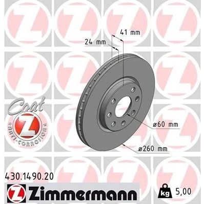 Billede af ZIMMERMANN COAT Z 430.1490.20 Bremseskiver 260 24 7/4 4 100 indvendigt ventileret coatet OPEL: Meriva A, Corsa C Hatchback, Tigra Twintop