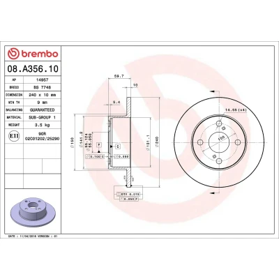Billede af BREMBO 08.A356.10 Bremseskiver 240 10 4 fuldstændigt TOYOTA: Corolla VIII Compact, Liftback, Sedan