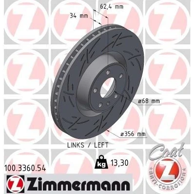 Billede af ZIMMERMANN Bremseskive AUDI: A6 C7 Allroad 34mm 6/5 5 hul 112mm indvendigt ventileret, opslidset coatet højkarboniseret 100.3360.54 4G0615301AC