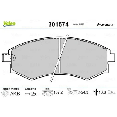 Billede af VALEO 301574 Bremseklodser FIRST foraksel Inkl. slidadvarselskontakt uden anti knirke plade HYUNDAI: Matrix, SONATA 4, COUPE, KIA: Magentis I