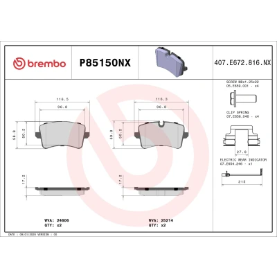 Billede af BREMBO P85150NX Bremseklodser Inkl. slidadvarselskontakt med bremsecaliperskruer, anti knirke plade tilbehør