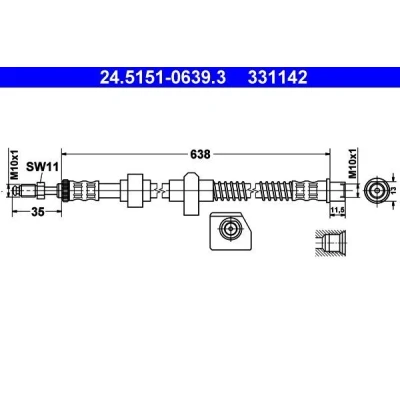 Billede af ATE 24.5151 0639.3 Bremseslange 638 M10x1 PEUGEOT: 407 Sedan, SW, Coupe, CITROËN: C5 III Stationcar