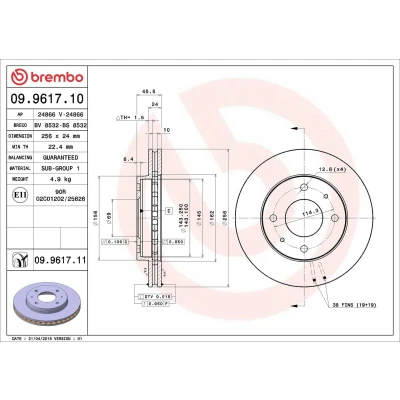 Billede af BREMBO COATED DISC LINE 09.9617.11 Bremseskiver 256 24 4 indvendigt ventileret coatet VOLVO: V40 Stationcar, S40 I