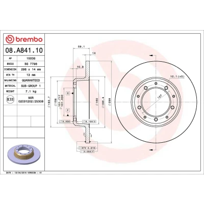 Billede af BREMBO 08.A841.10 Bremseskiver 298 14 5 fuldstændigt LAND ROVER: Defender SUV