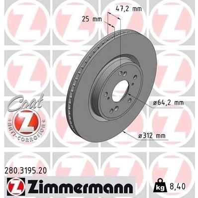 Billede af ZIMMERMANN 280.3195.20 Bremseskiver 312 25 8/5 5 114 indvendigt ventileret coatet HONDA: CR V