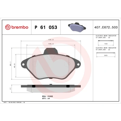 Billede af BREMBO P 61 053 Bremseklodser Inkl. slidadvarselskontakt uden tilbehør CITROËN: Xantia Hatchback, Stationcar