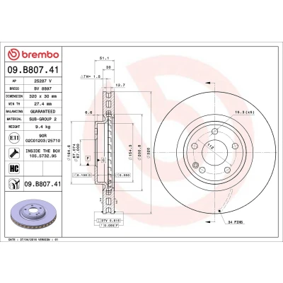 Billede af BREMBO COATED DISC LINE 09.B807.41 Bremseskiver 320 30 5 indvendigt ventileret coatet højkarboniseret med skruer MERCEDES BENZ: B klasse, A klasse
