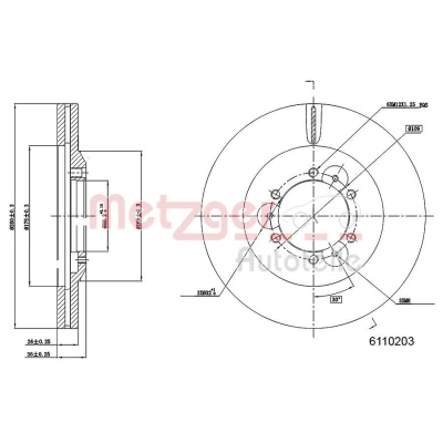 Billede af METZGER 6110203 Bremseskiver foraksel 280 26 6 109 indvendigt ventileret lakeret, Krydsslebet OPEL: Frontera A SUV