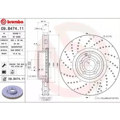 Billede af BREMBO COATED DISC LINE 09.B474.11 Bremseskiver 360 36 5 perforeret/indv. ventileret coatet højkarboniseret med skruer