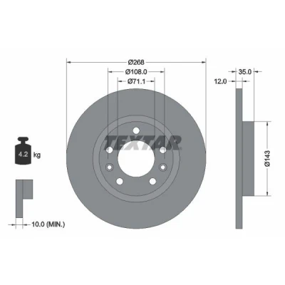 Billede af TEXTAR PRO 92268003 Bremseskiver 268 12 05/07 108 fuldstændigt coatet uden hjullejer, hjulbolte, hjulnav PEUGEOT: 308 I SW, SW 2
